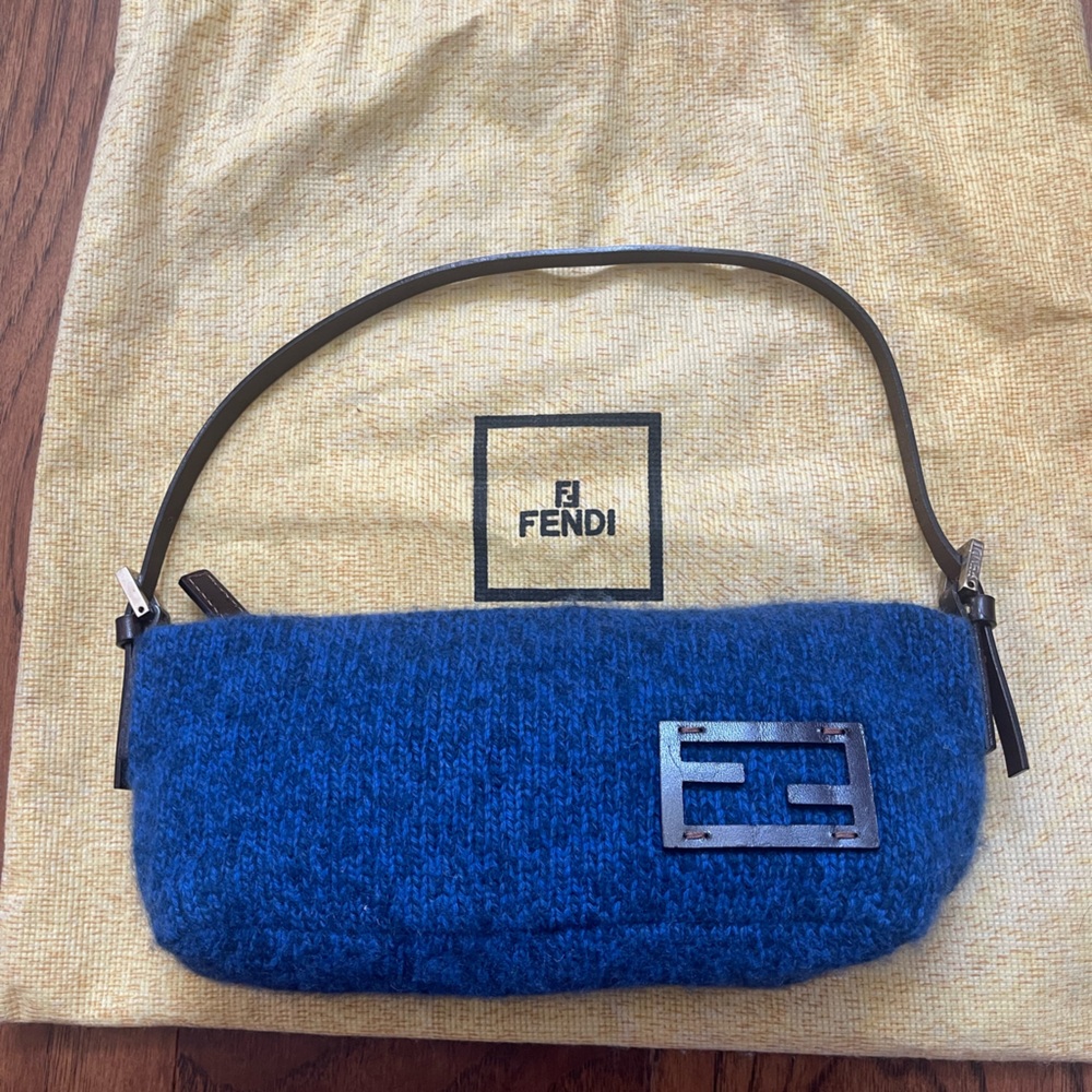 Fendi Blue Woven Wool Baguette Bag